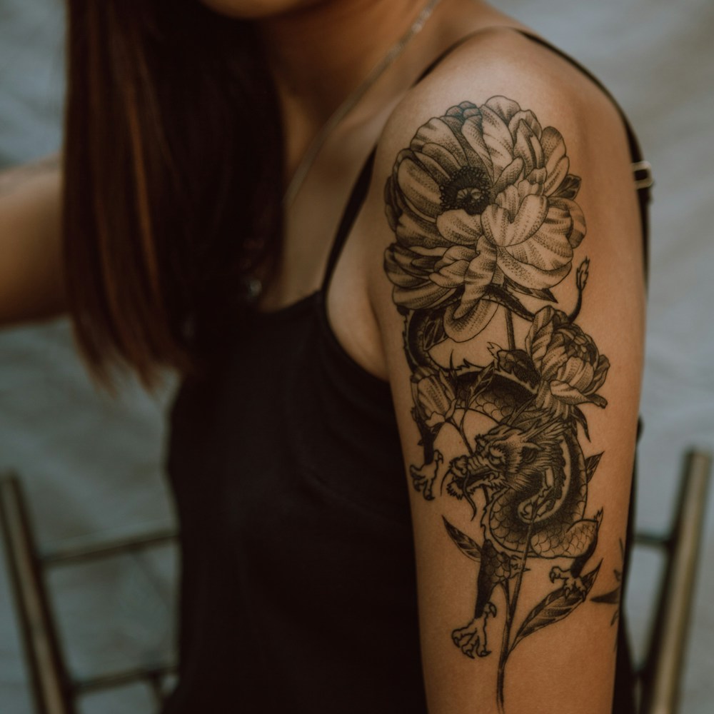Floral tattoo detail framed as a square study