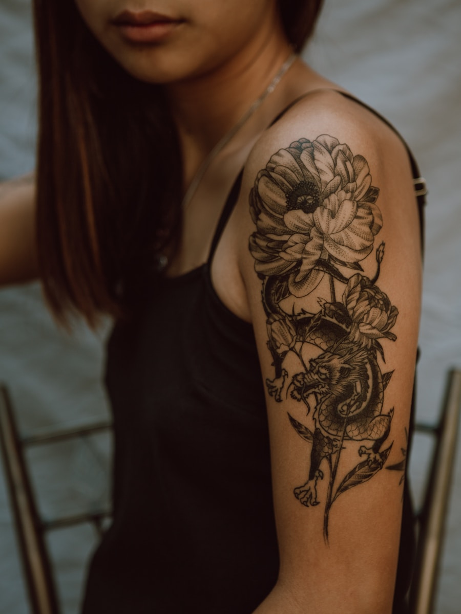 Blackwork tattoo detail photographed in a quiet studio