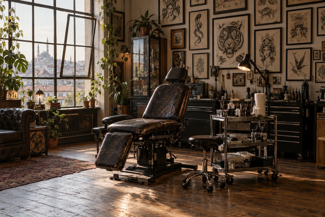 Warm independent tattoo studio with flash art and a tattoo workstation